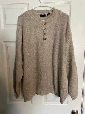 Vintage Trader Bay 100% Cotton Men's L Beige Tan Knit Quarter Button Up Sweater